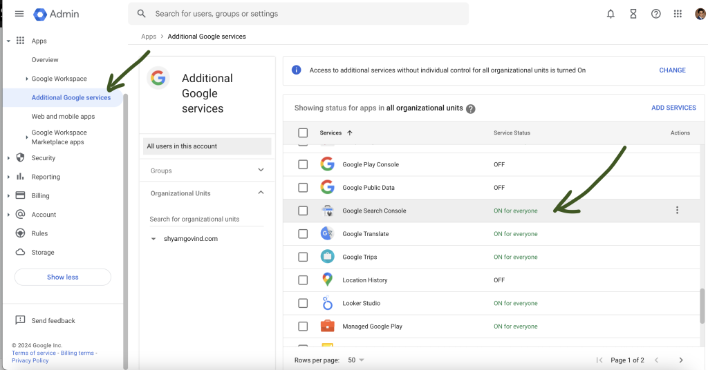 Google Admin dashboard - How to enable Google Search Console for users.