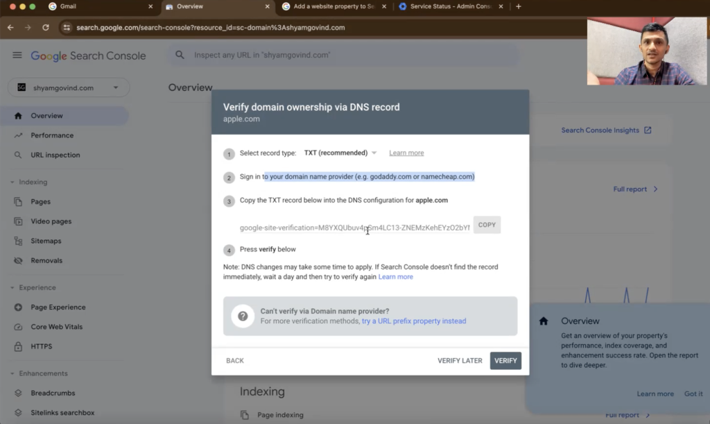 GSC - add a Domain property - DNS verification