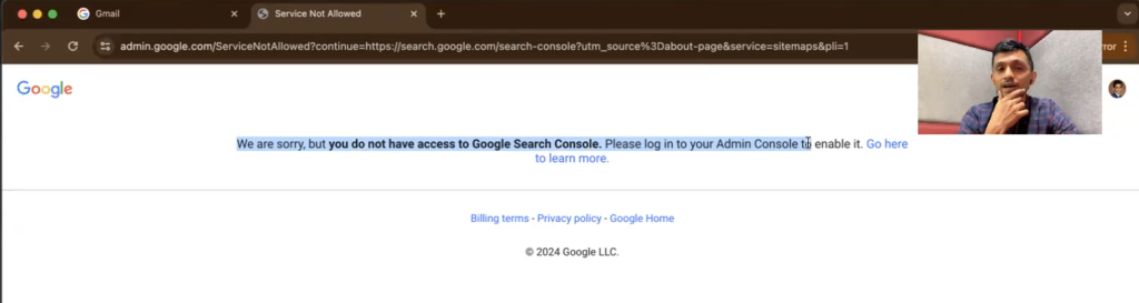Error accessing Google Search Console - no permission.