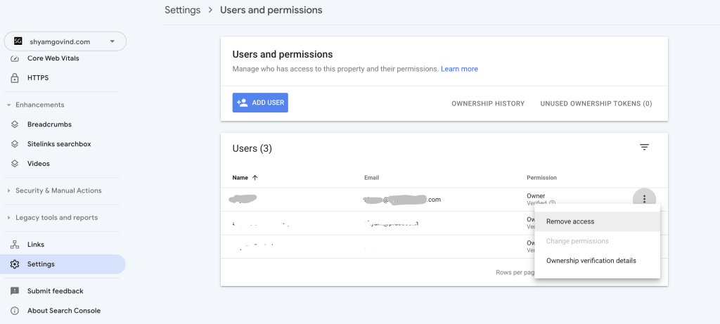 How to remove a user from Google Search Console - Shyam Govind.com