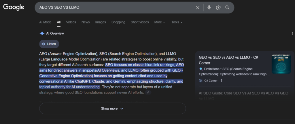 Answer engine optimization example on Google