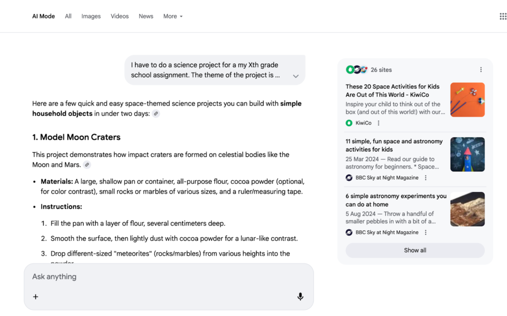 Example of Query fan-out on AI mode
