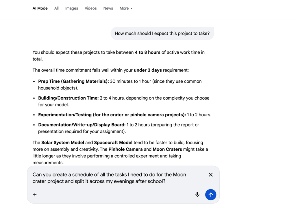 Example of AI mode capability to guess the follow up questions.