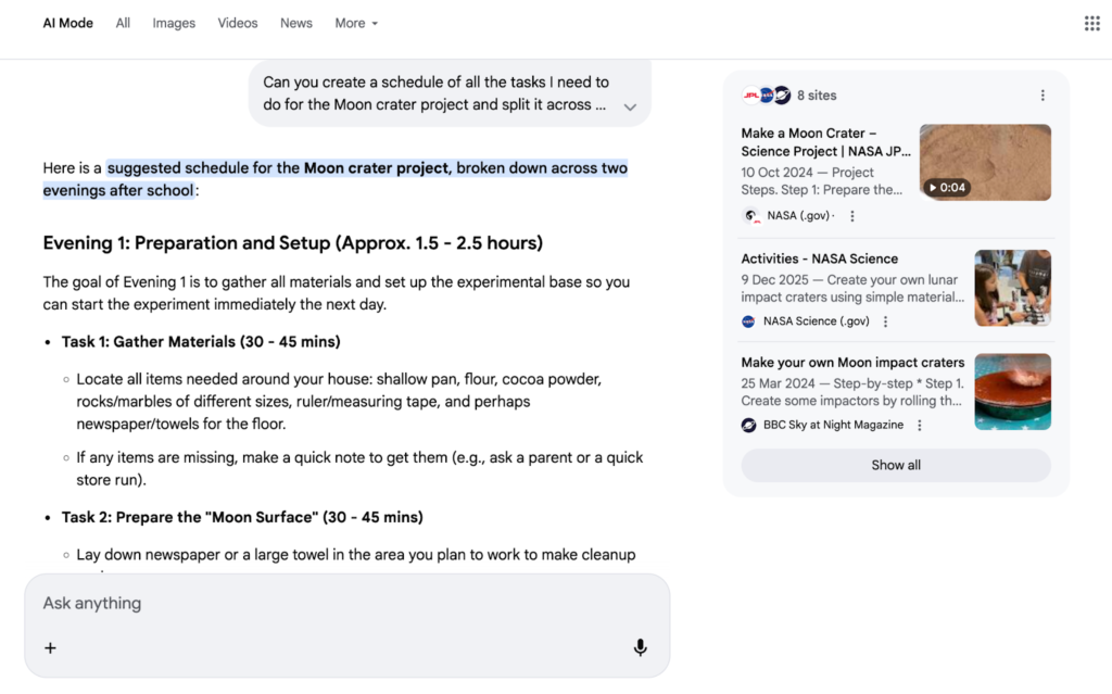 Example of AI mode searching a particular query, if a query was not part of related follow questions.