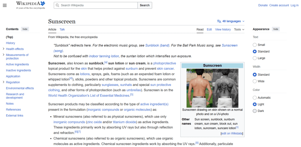 Wikipedia page on suncreen 