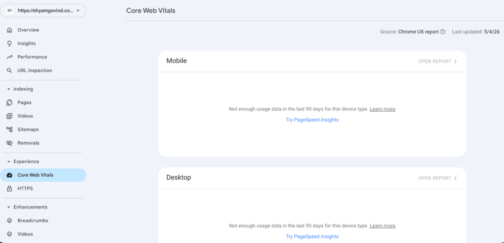 Why few websites Core Web Vitals are missing in Google Search console 