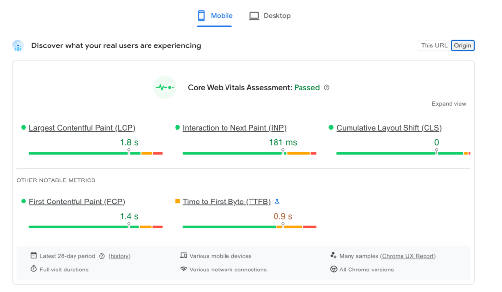 Web Vitals report 